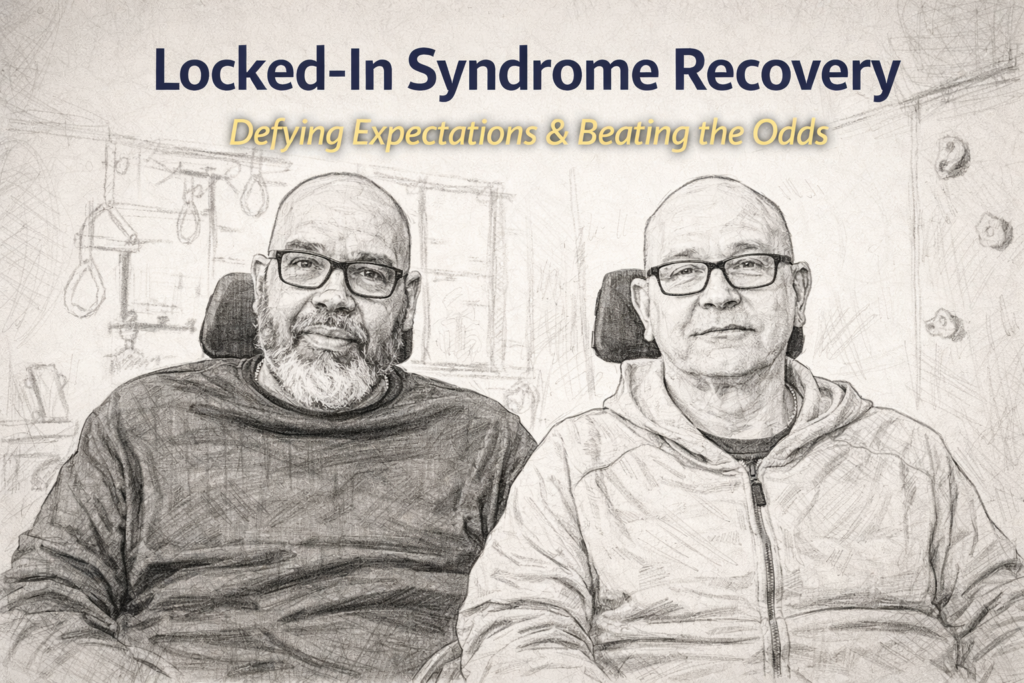 Illustration of two patients in wheelchairs undergoing neurological rehabilitation for Locked-In Syndrome recovery at a neuro rehab center.