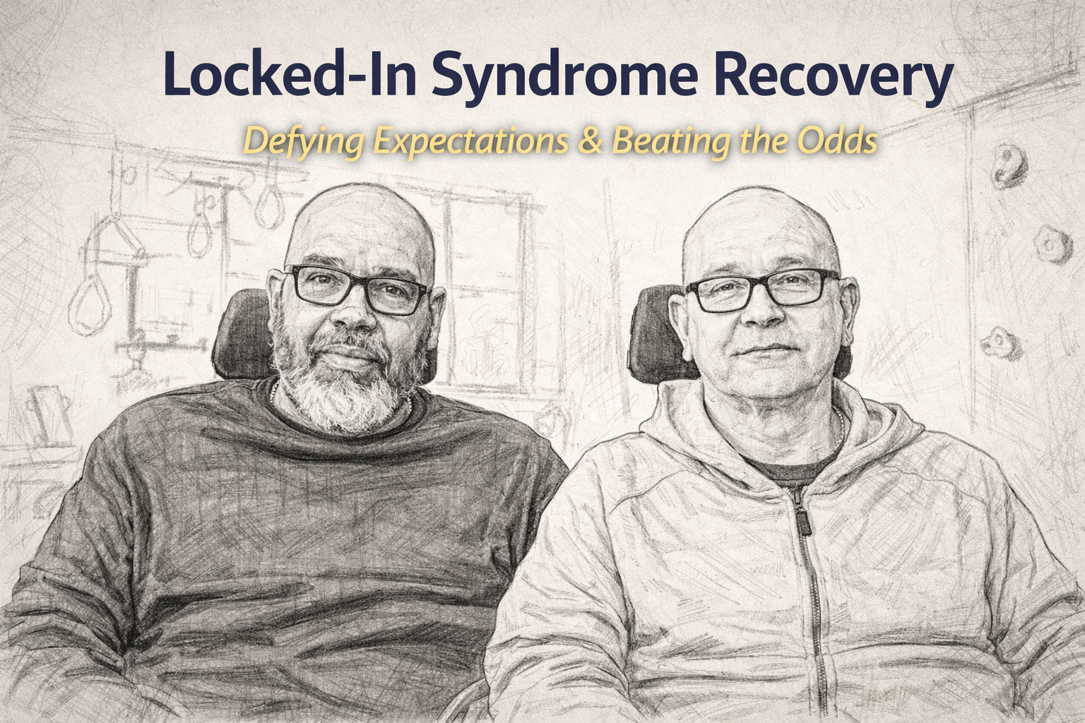 Illustration of two patients in wheelchairs undergoing neurological rehabilitation for Locked-In Syndrome recovery at a neuro rehab center.