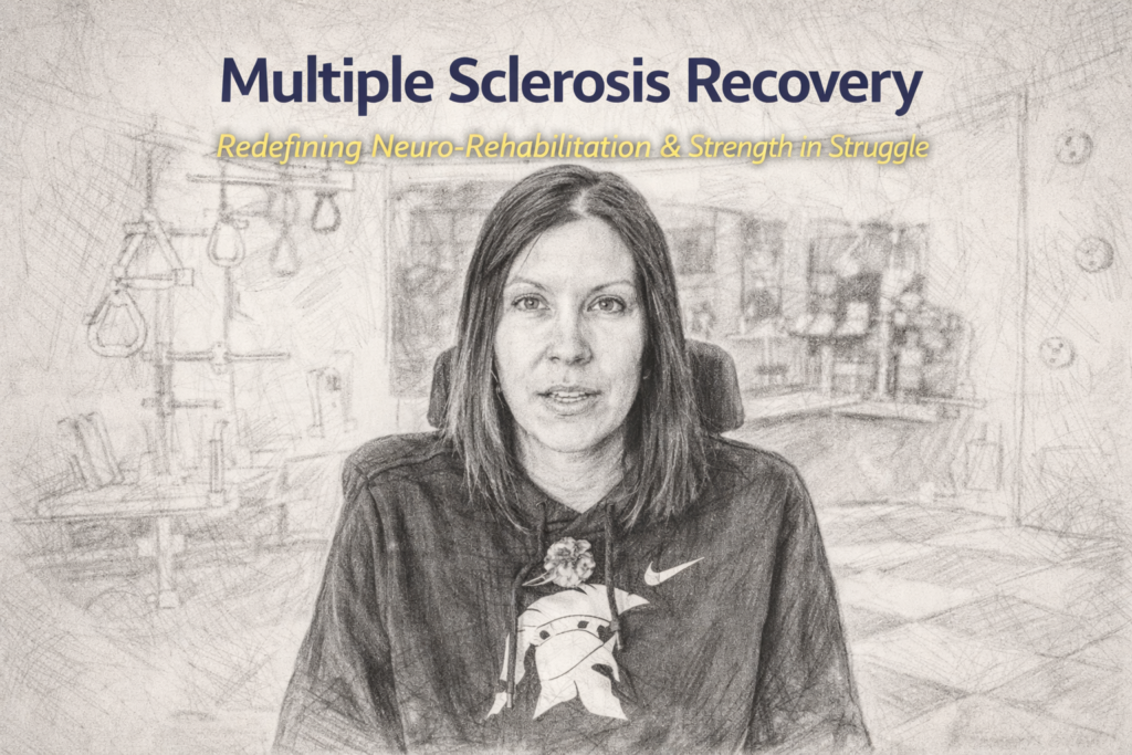 Sketch illustration of a woman undergoing neurological rehabilitation for Multiple Sclerosis at a physical therapy center.