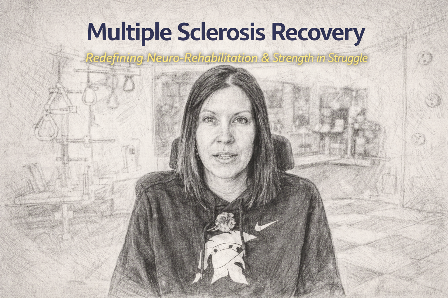 Sketch illustration of a woman undergoing neurological rehabilitation for Multiple Sclerosis at a physical therapy center.