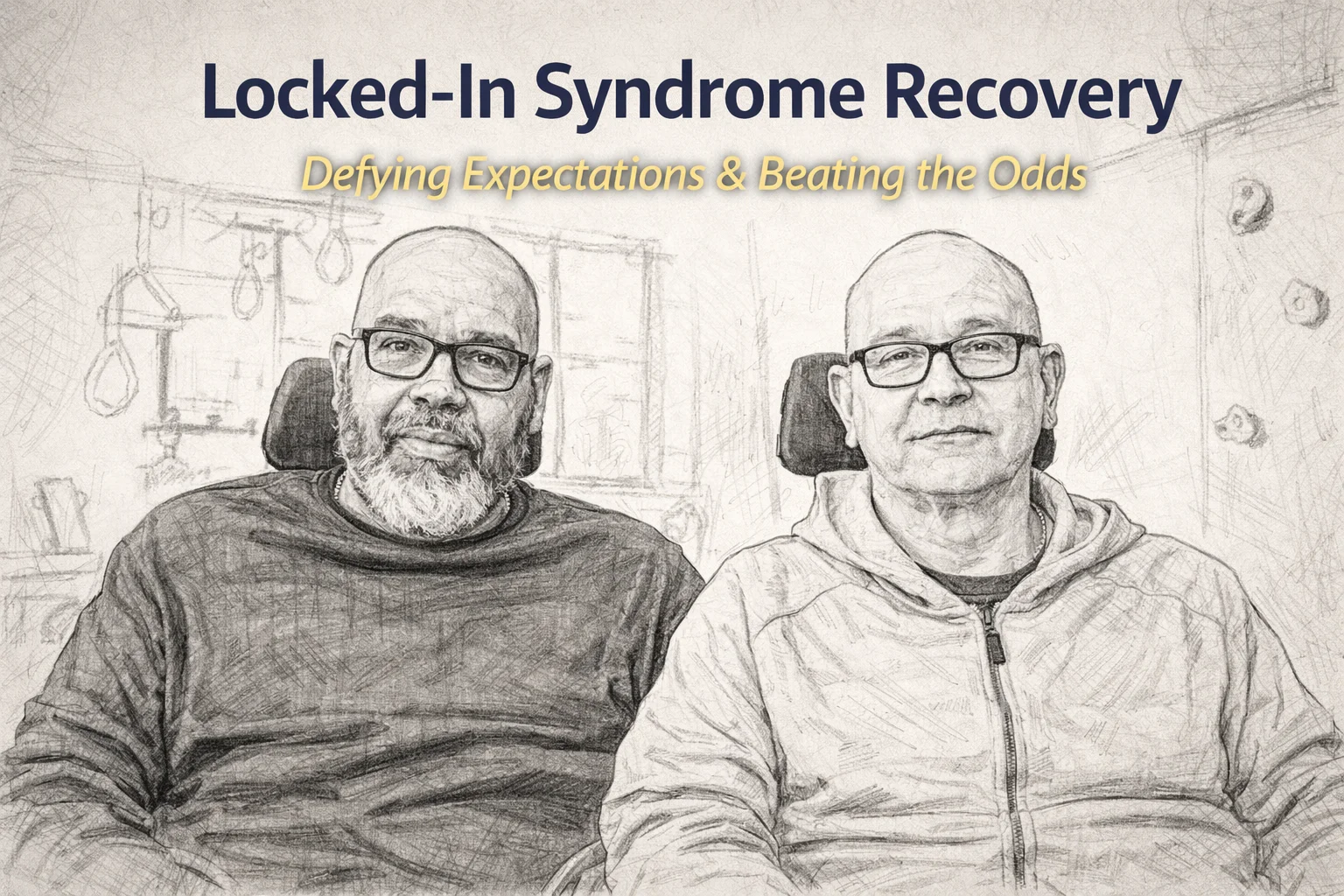 Illustration of two patients in wheelchairs undergoing neurological rehabilitation for Locked-In Syndrome recovery at a neuro rehab center.